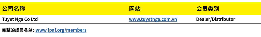 公司名称,网站,会员类别,Tuyet Nga Co Ltd,www.tuyetnga.com.vn,Dealer/Distributor,完整的成员名单： www.ipaf.org/members