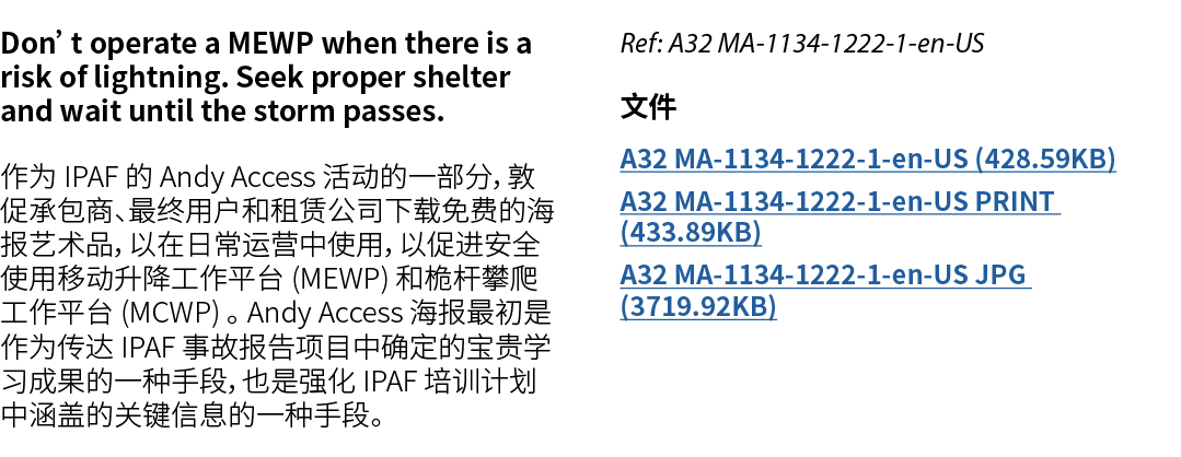 Don’t operate a MEWP when there is a risk of lightning. Seek proper shelter and wait until the storm passes. 作为 IPAF ...