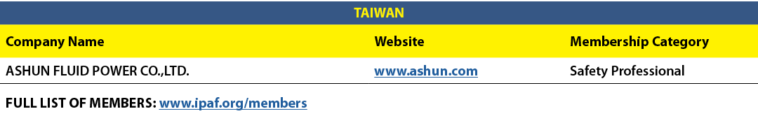 TAIWAN,Company Name,Website,Membership Category,ASHUN FLUID POWER CO.,LTD.,www.ashun.com,Safety Professional,FULL LIS...