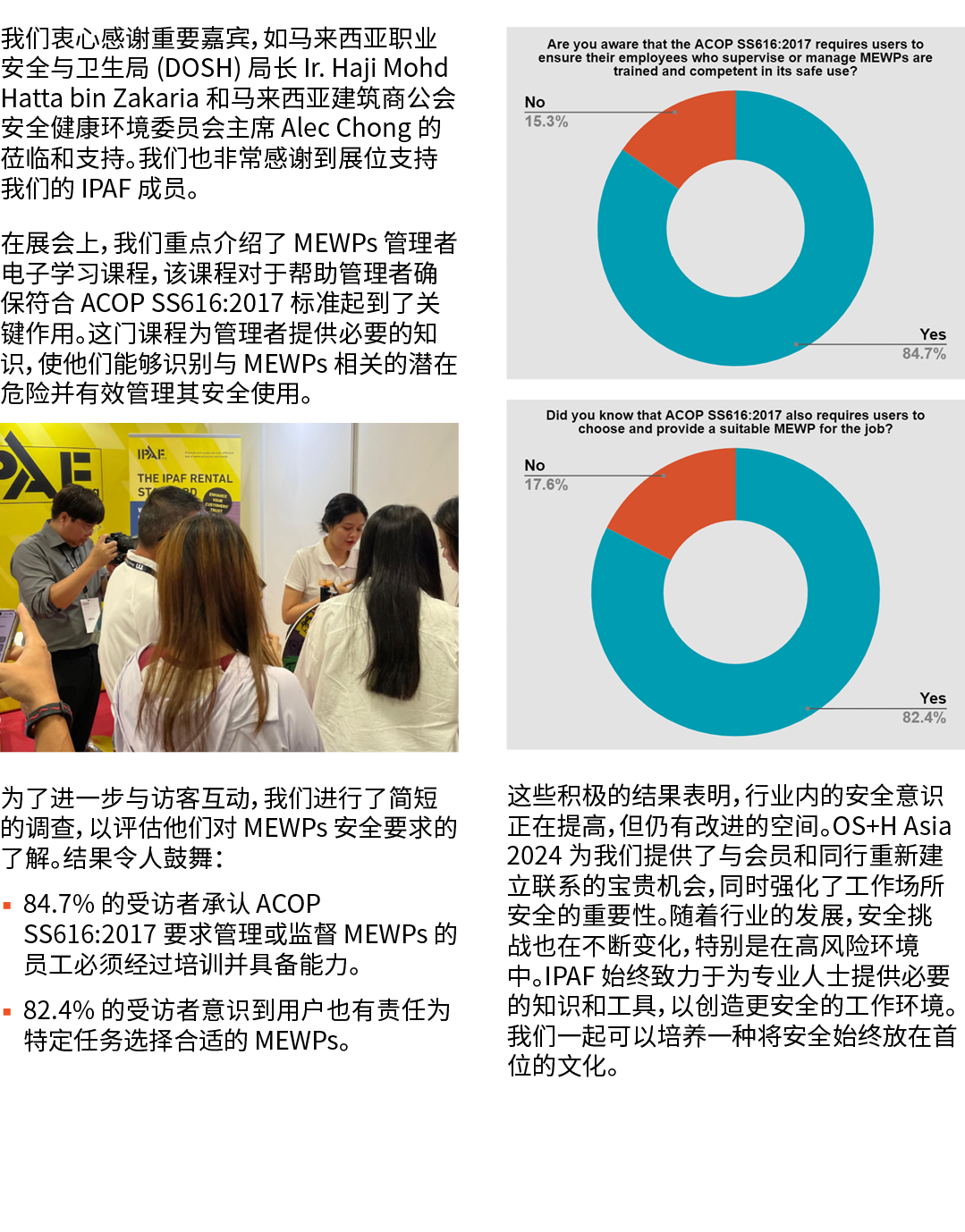 我们衷心感谢重要嘉宾，如马来西亚职业安全与卫生局 (DOSH) 局长 Ir. Haji Mohd Hatta bin Zakaria 和马来西亚建筑商公会安全健康环境委员会主席 Alec Chong 的莅临和支持。我们也非常感谢到展位...