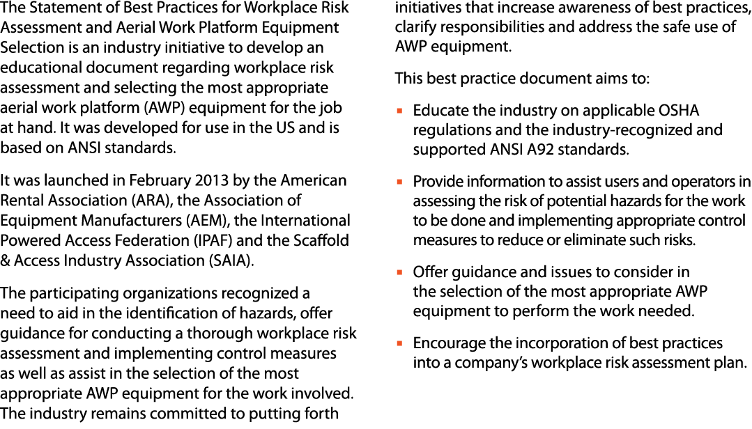 The Statement of Best Practices for Workplace Risk Assessment and Aerial Work Platform Equipment Selection is an indu...