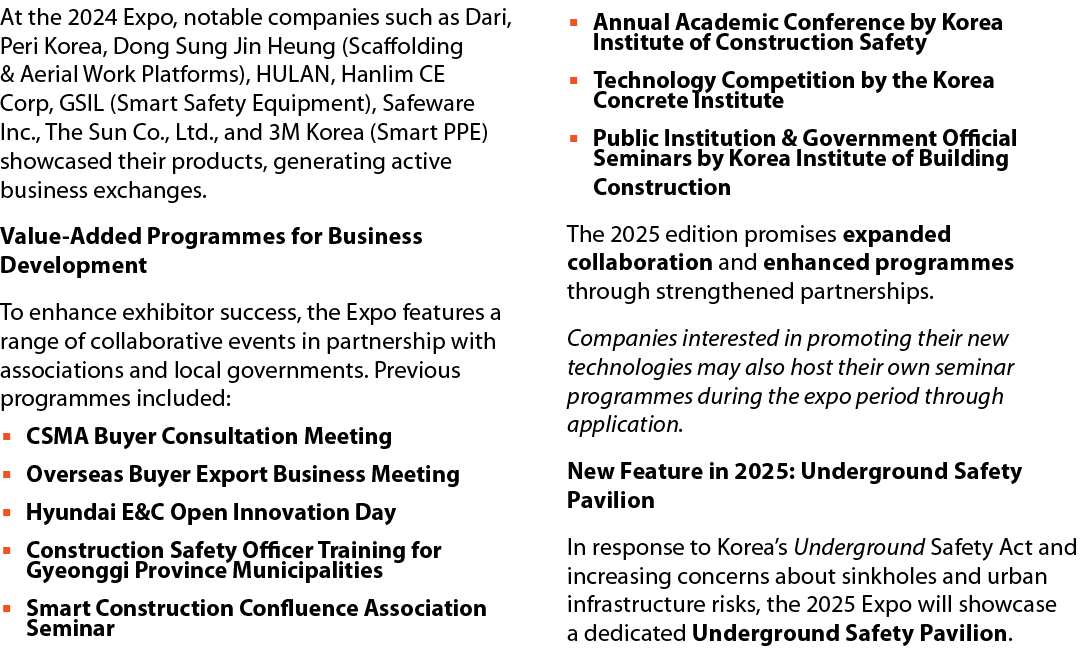 At the 2024 Expo, notable companies such as Dari, Peri Korea, Dong Sung Jin Heung (Scaffolding & Aerial Work Platform...