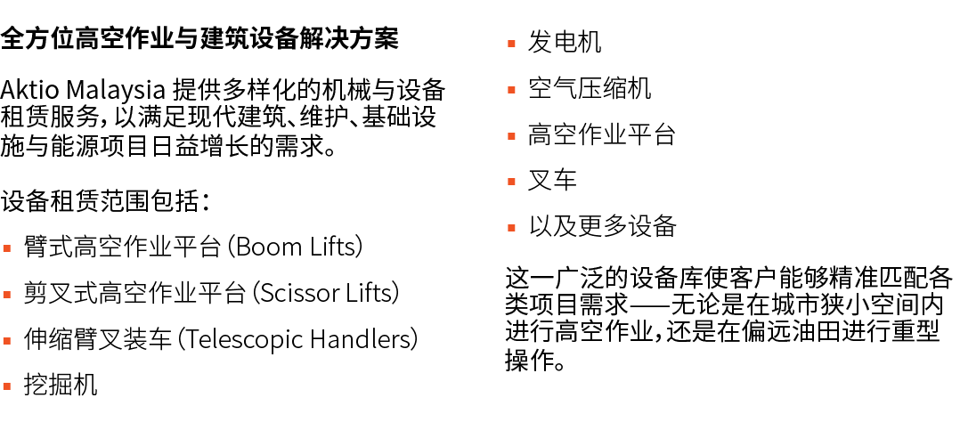 全方位高空作业与建筑设备解决方案 Aktio Malaysia 提供多样化的机械与设备租赁服务，以满足现代建筑、维护、基础设施与能源项目日益增长的需求。 设备租赁范围包括： ▪ 臂式高空作业平台（Boom Lifts） ▪ 剪叉式高空...