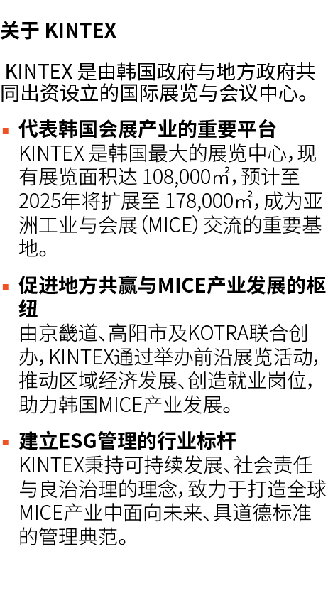 关于 KINTEX KINTEX 是由韩国政府与地方政府共同出资设立的国际展览与会议中心。 ▪ 代表韩国会展产业的重要平台 KINTEX 是韩国最大的展览中心，现有展览面积达 108,000㎡，预计至2025年将扩展至 178,000...