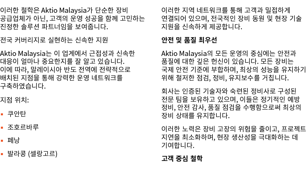 이러한 철학은 Aktio Malaysia가 단순한 장비 공급업체가 아닌, 고객의 운영 성공을 함께 고민하는 진정한 솔루션 파트너임을 보여줍니다. 전국 커버리지로 실현하는 신속한 지원 Aktio Malaysia는...