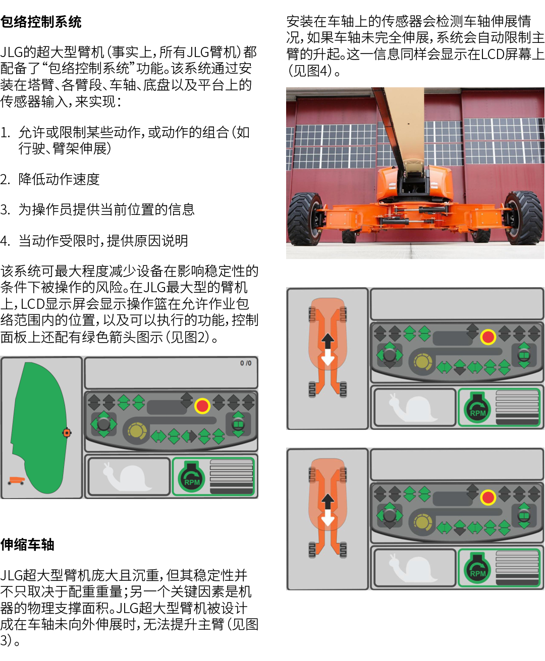 包络控制系统 JLG的超大型臂机（事实上，所有JLG臂机）都配备了“包络控制系统”功能。该系统通过安装在塔臂、各臂段、车轴、底盘以及平台上的传感器输入，来实现： 1. 允许或限制某些动作，或动作的组合（如行驶、臂架伸展） 2. 降低动...