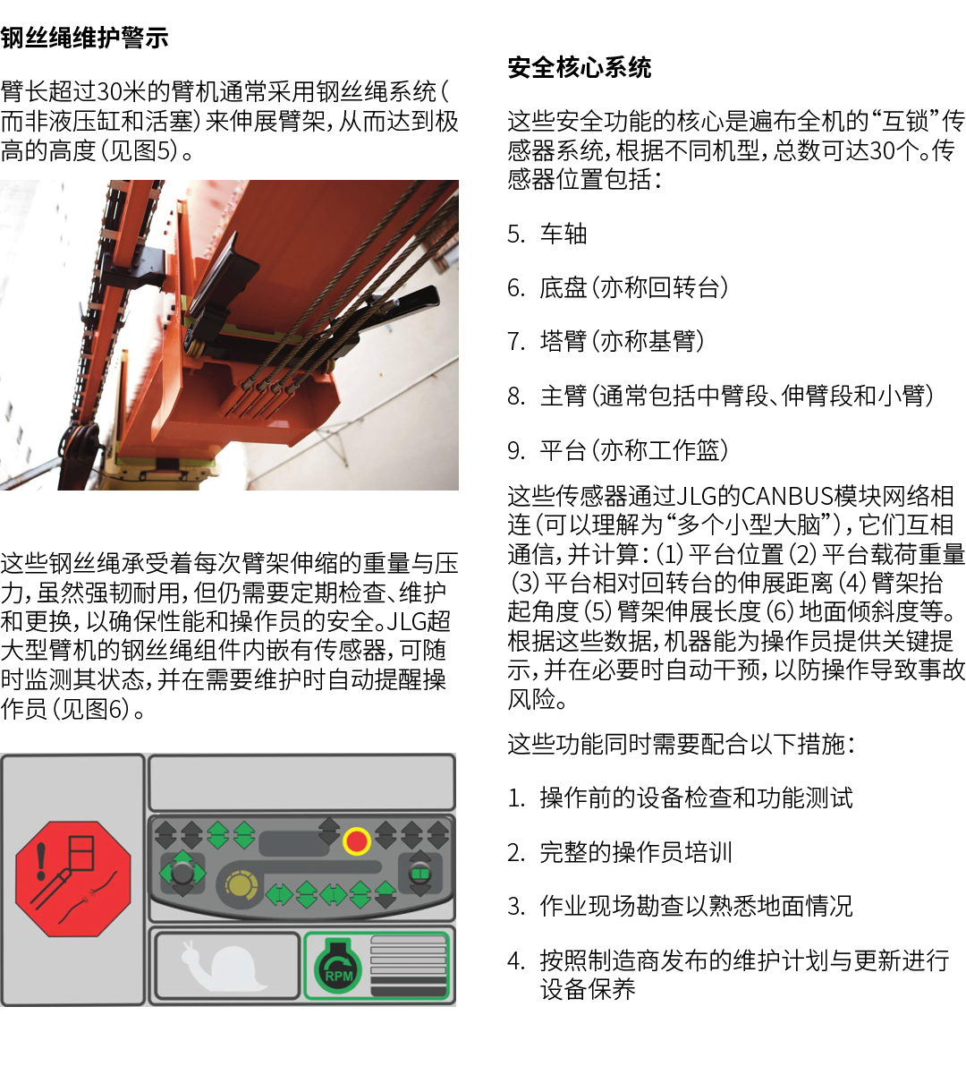 钢丝绳维护警示 臂长超过30米的臂机通常采用钢丝绳系统（而非液压缸和活塞）来伸展臂架，从而达到极高的高度（见图5）。 ￼ 这些钢丝绳承受着每次臂架伸缩的重量与压力，虽然强韧耐用，但仍需要定期检查、维护和更换，以确保性能和操作员的安全。...