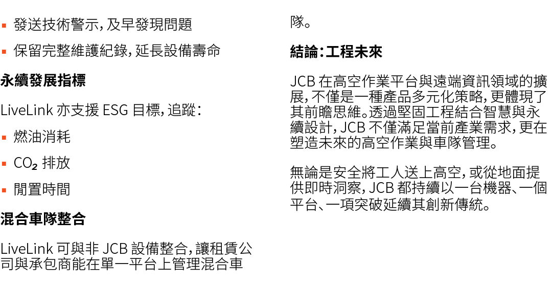 ▪ 發送技術警示，及早發現問題 ▪ 保留完整維護紀錄，延長設備壽命 永續發展指標 LiveLink 亦支援 ESG 目標，追蹤： ▪ 燃油消耗 ▪ CO₂ 排放 ▪ 閒置時間 混合車隊整合 LiveLink 可與非 JCB 設備整合，...