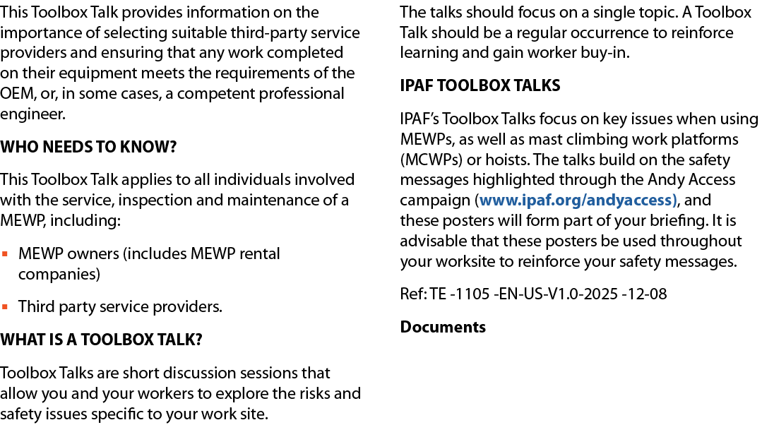 This Toolbox Talk provides information on the importance of selecting suitable third party service providers and ensu...