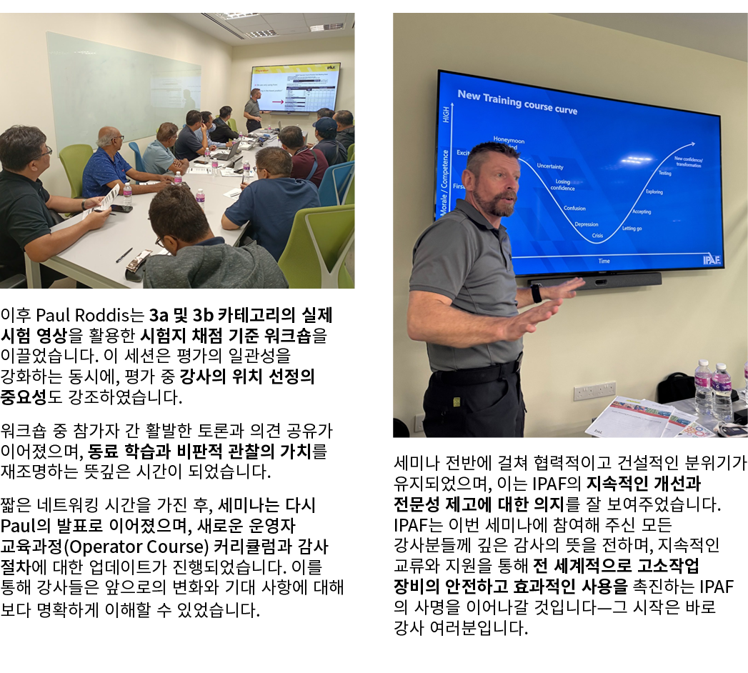 ￼ 이후 Paul Roddis는 3a 및 3b 카테고리의 실제 시험 영상을 활용한 시험지 채점 기준 워크숍을 이끌었습니다. 이 세션은 평가의 일관성을 강화하는 동시에, 평가 중 강사의 위치 선정의 중요성도 강조...